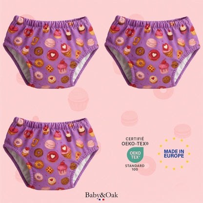 Lot de culottes d'apprentissage bébé Baby&Oak violettes à motifs desserts, certifiées Oeko-Tex et fabriquées en Europe