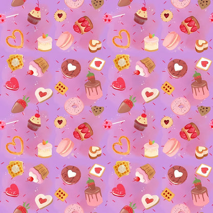 Motif illustré violet avec pâtisseries, macarons, gâteaux et cœurs, utilisé pour les culottes d'apprentissage Baby&Oak
